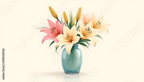 Stylized illustration of lilies in a glossy vase, where the petals transform into sweeping pastel brushstrokes.