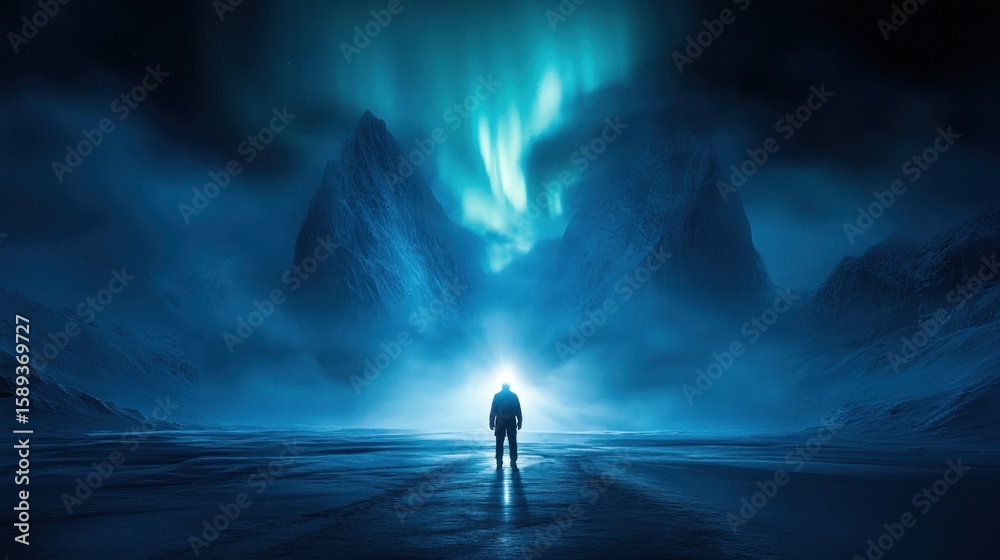 Fototapeta premium Solitary figure confronts aurora borealis over icy mountains