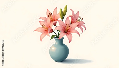 Stylized illustration of lilies in a glossy vase, where the petals transform into sweeping pastel brushstrokes.
