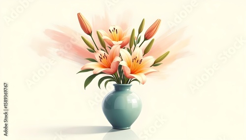 Stylized illustration of lilies in a glossy vase, where the petals transform into sweeping pastel brushstrokes.