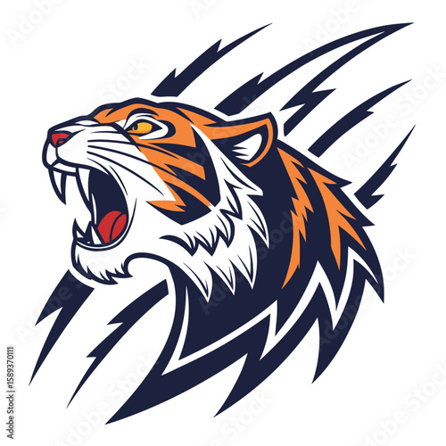 Fierce tiger head roaring with glowing eyes bold outlines and dramatic shading sports team mascot style centered t-shirt design