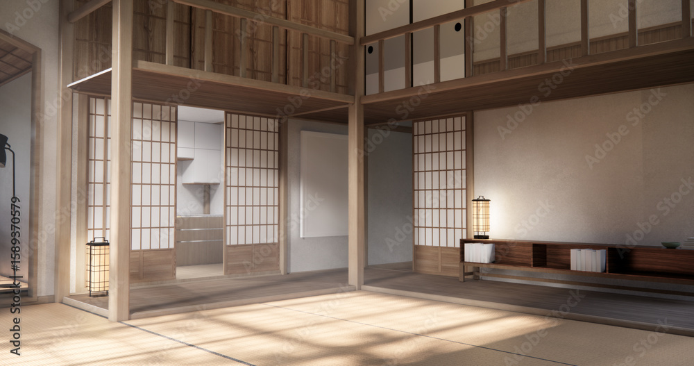 Obraz premium Chabudai japan traditional low table and decoration on minimal Japandi room japan style.3D rendering