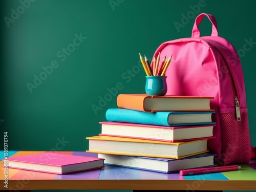 Wallpaper Mural A stack of books, notebooks, and pencils in front of a pink backpack for backtoschool preparation. Torontodigital.ca
