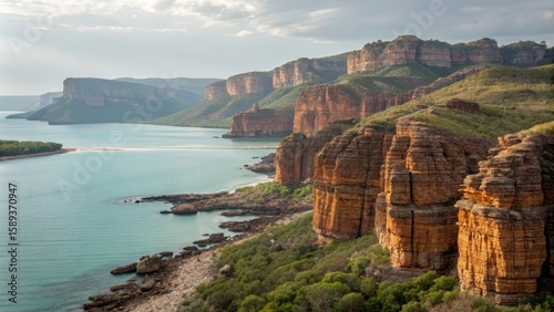 Coastal Cliffscape Dramatic Red Rock Formations and Turquoise Bay, Landscape Photography, Australia Australia, Kimberley Region