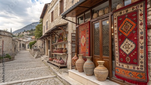 Cobblestone Street with Traditional Rugs and Pottery, Vertical Composition, Albanian Architecture, Handcrafted Goods, Berat. ,Albania, Berat