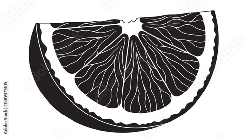 Black and white illustration of a citrus wedge, design element