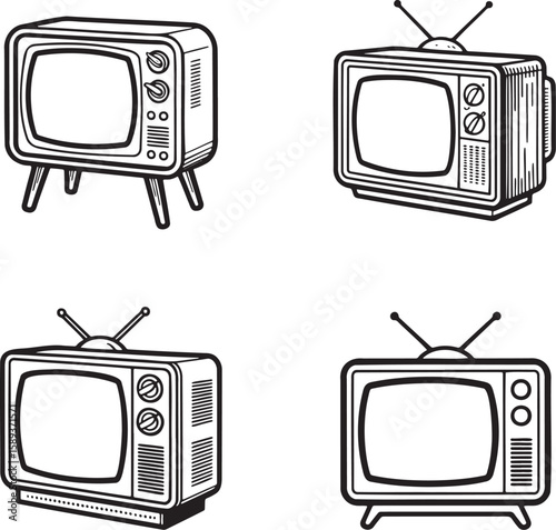 Set of Vintage television outline vector illustration isolated On Transparent Background