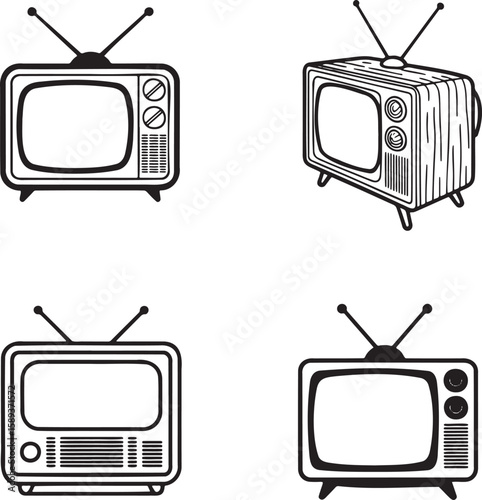 Set of Vintage television outline vector illustration isolated On Transparent Background