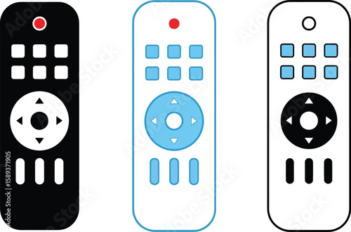 Three sleek remote control icons showcase modern design in black, blue, and outline styles for versatile digital projects.