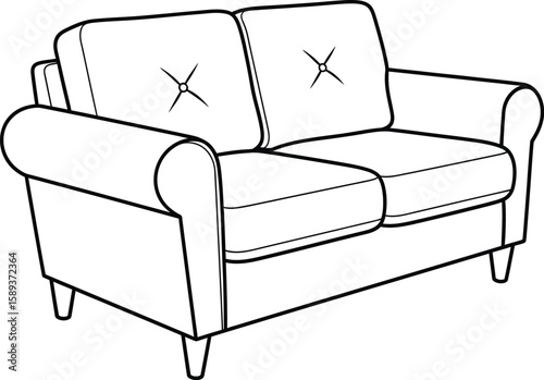 Elegant loveseat line art drawing showcasing a cozy seating solution with button details, perfect for home decor concepts and design projects.