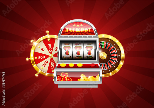 Casino illustration. Slot machine, roulette wheel and wheel of fortune. Vector 3d illustration