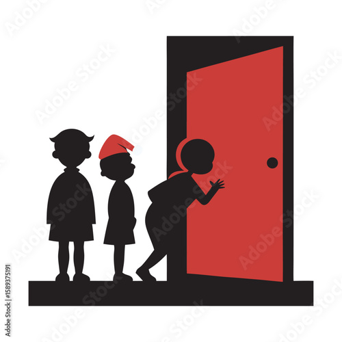 Kids Peeking Out Bedroom Door On Christmas Morning