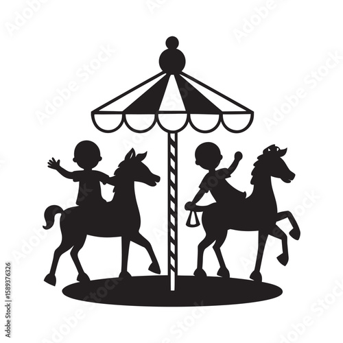Kids Riding Christmas Carousel Silhouette