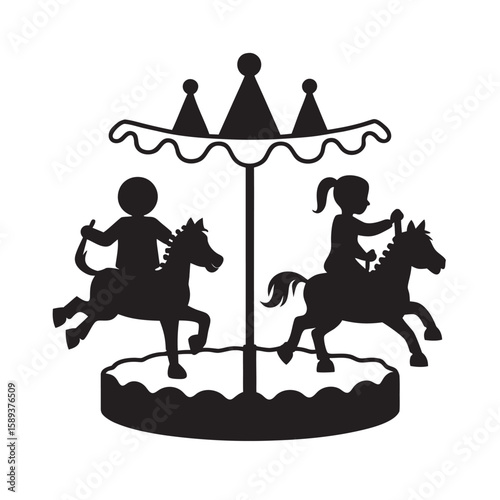 Kids Riding Christmas Carousel Silhouette Art