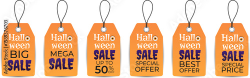 Set of isolated vector realistic Halloween sale tags. Orange tags with special offers. Big sale, mega sale, special price, discounts up to 50 percent.