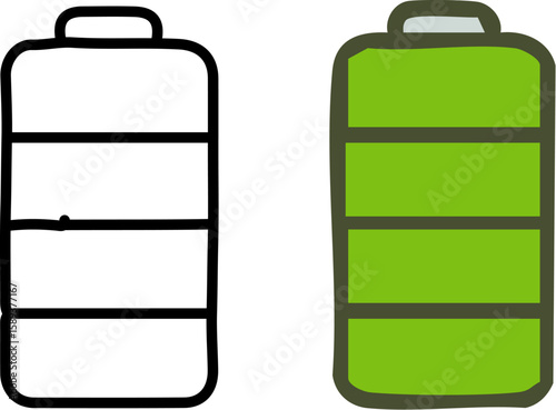 Two hand-drawn battery icons one empty outline and one full green charged symbol.