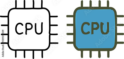 Set of two hand-drawn CPU processor icons one in black outline and one colored blue and green.