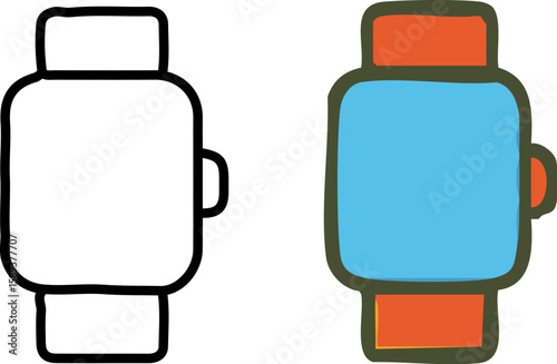 Hand-drawn smartwatch icons in outline and color Sketchy illustration of a wearable device with a blue screen and orange band.