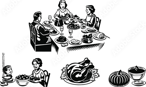 Family Thanksgiving Dinner Illustration Black and White