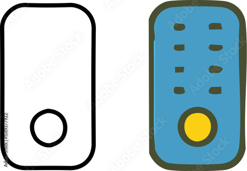 Two hand-drawn remote control icons a simple black outline and a colored doodle.
