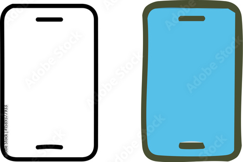Set of two hand-drawn smartphone icons A simple black outline and a blue colored version with a rough cartoonish style.