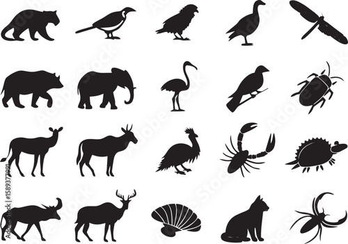 animal silhouette vector, Bundle icons and white background 