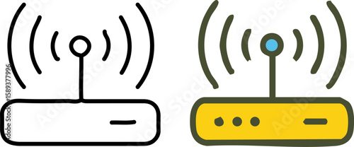 Hand-drawn Wi-Fi router icons one black outline and one colored showing signal transmission.