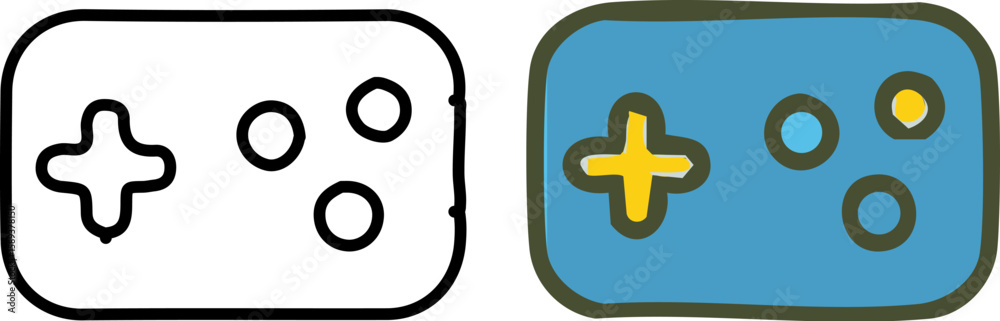 Obraz premium Set of two hand-drawn video game controller icons one outline and one colored.