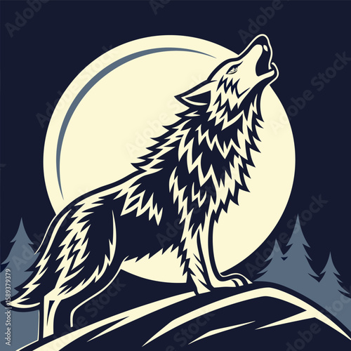 Stylized wolf howling under a full moon spiked fur and sharp eyes team mascot illustration for dark background