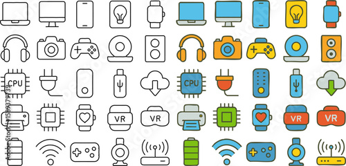Hand-drawn technology icon set in two variations: black line art and colorful filled doodle style.