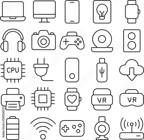 Set of Modern Technology and Gadget Line Icons Includes Laptop Smartphone Camera and VR Headset.