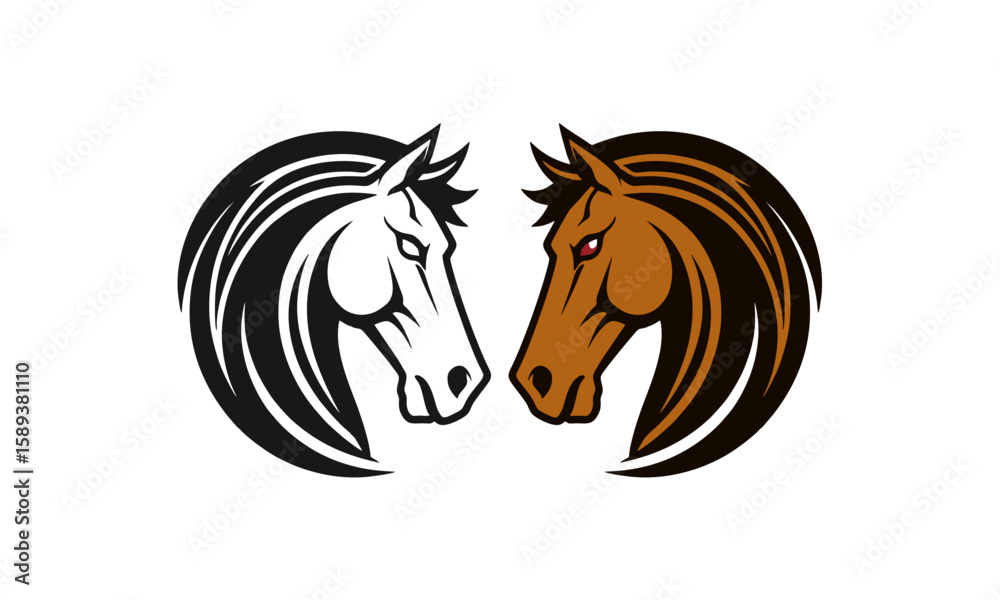 Fototapeta premium Contrasting Horses – Smooth Flowing Black and Brown Horse Heads in Minimalist Style