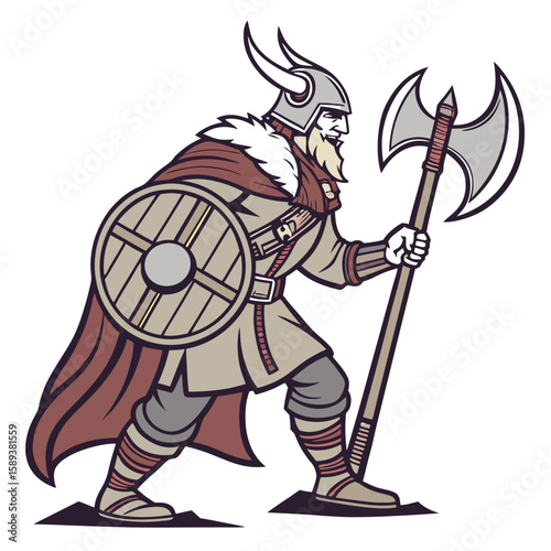 Viking with horned helmet fierce expression braided beard and battle axe team mascot illustration