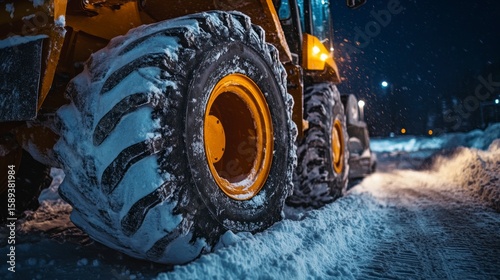 Close-up of snow plow tire clearing snow at night.