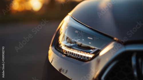 Glowing luxury car headlight close-up with warm sunset light background