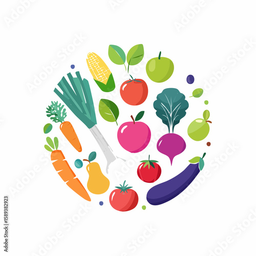 Fresh fruits and vegetables on white background vector illustration
