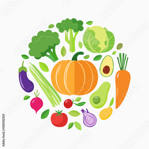 Set of colorful vegetables and fruits with pumpkin and autumn harvest icons