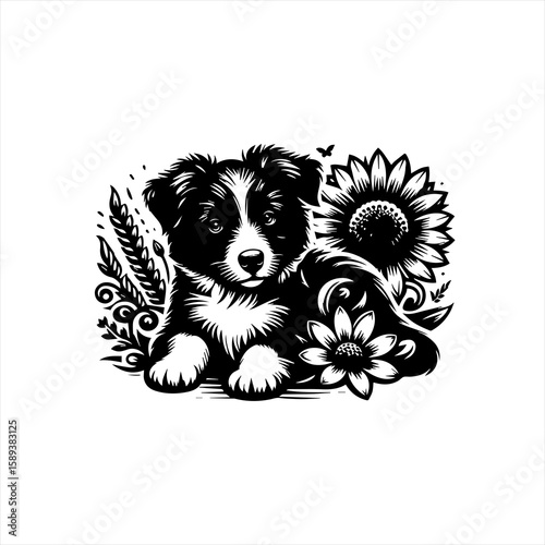 Puppy with sunflowers