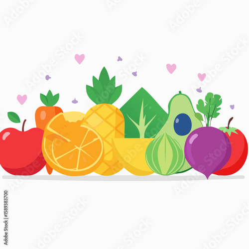 Vector illustration of fresh fruits berries and vegetables in a healthy colorful design
