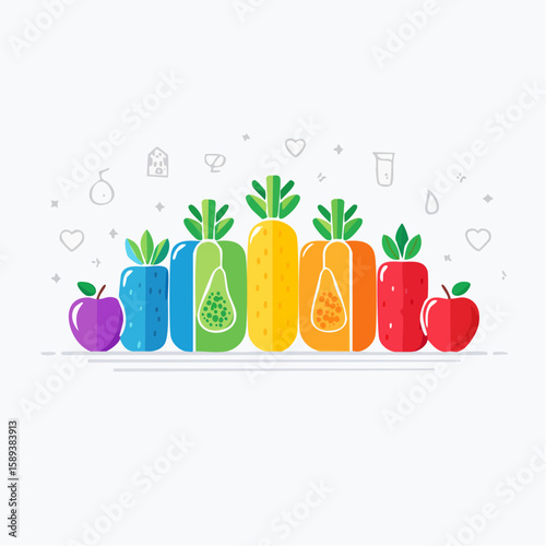 Glass of fresh orange juice with fruits and ice illustration