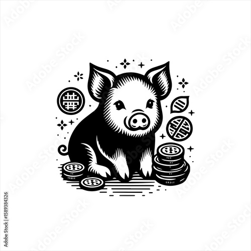 Pig with coins isolated on white background