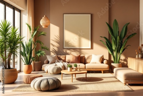 Bohemian Living Room Interior with Blank Frame Mockup in Warm Sunlight