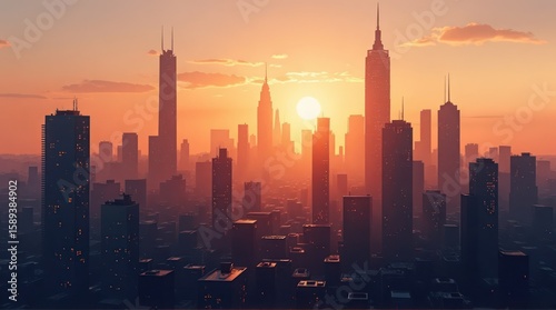 Glowing Urban Cityscape Silhouetted Against a Warm Hazy Orange Sunset