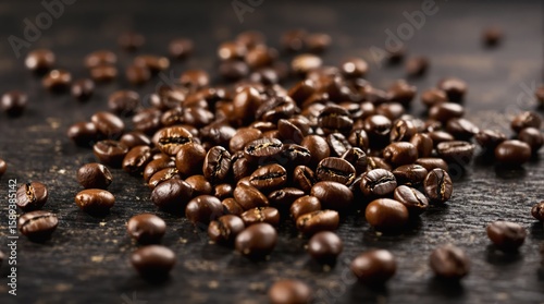 Scattered rich brown roasted coffee beans on a dark rustic surface