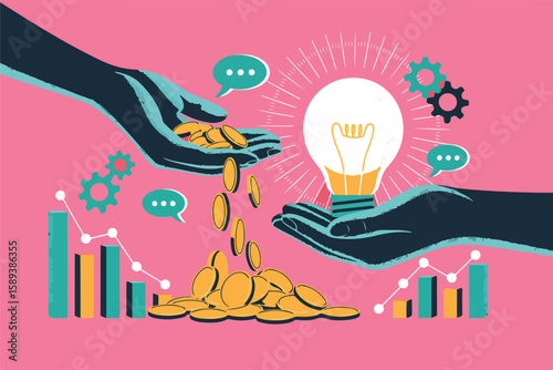 Hands exchanging coins for idea lightbulb with gears and charts vector