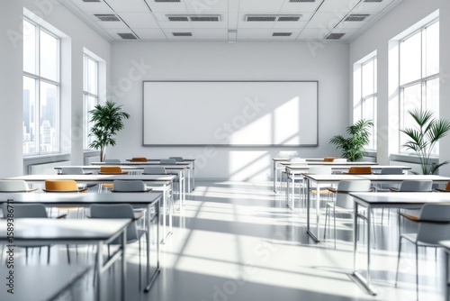 Sunlit Empty Classroom Interior with Blank Whiteboard for Educational Mockup