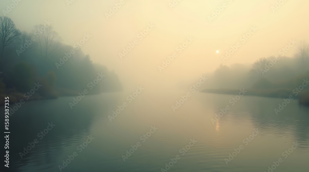 Fototapeta premium A serene and misty landscape of a calm river at dawn. The fog creates a mysterious and tranquil atmosphere, perfect for quiet contemplation.