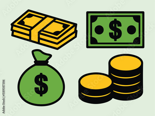 Stacked currency money bag and coins finance cash