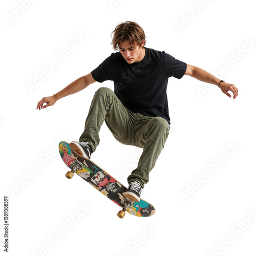 Young man performing skateboard trick isolated on a transparent background skateboarder