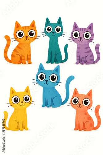 Playful Vector Art of Multicolored Cats with Expressive Wide Eyes on Clean White Background